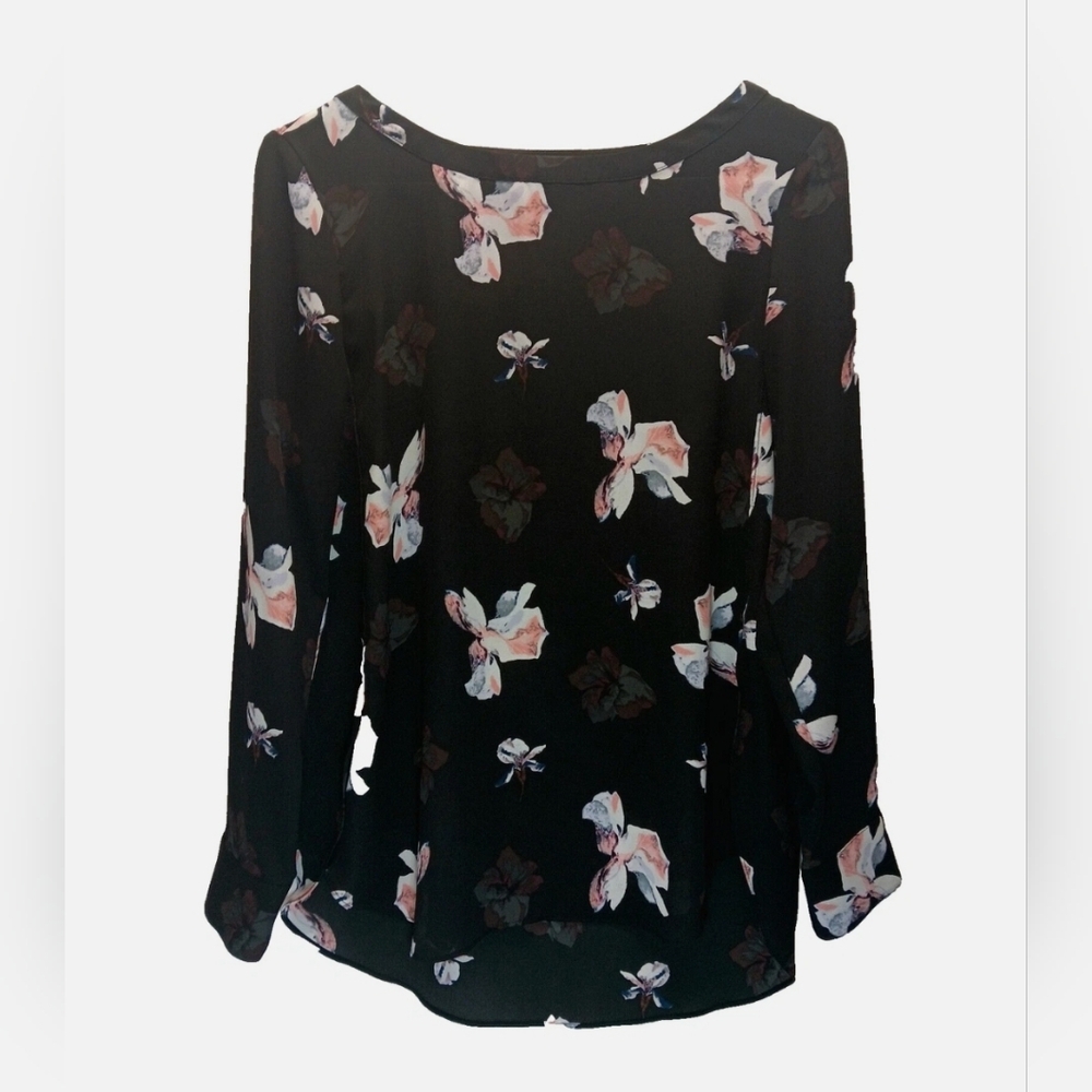 Banana Republic Pink Floral Over Black Semi Sheer Top Small